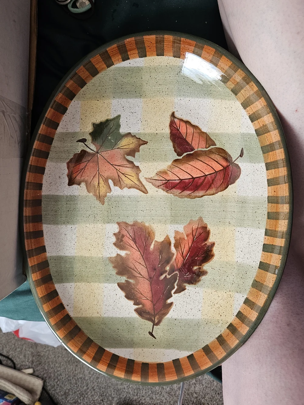 Decorative Autumn Leaf Ceramic Serving Platter - Green and Tan